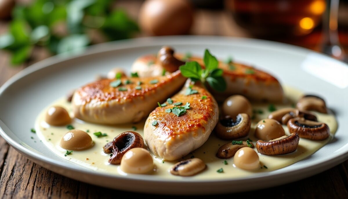 Recette simple : Chapon en morceaux, crème onctueuse et champignons savoureux