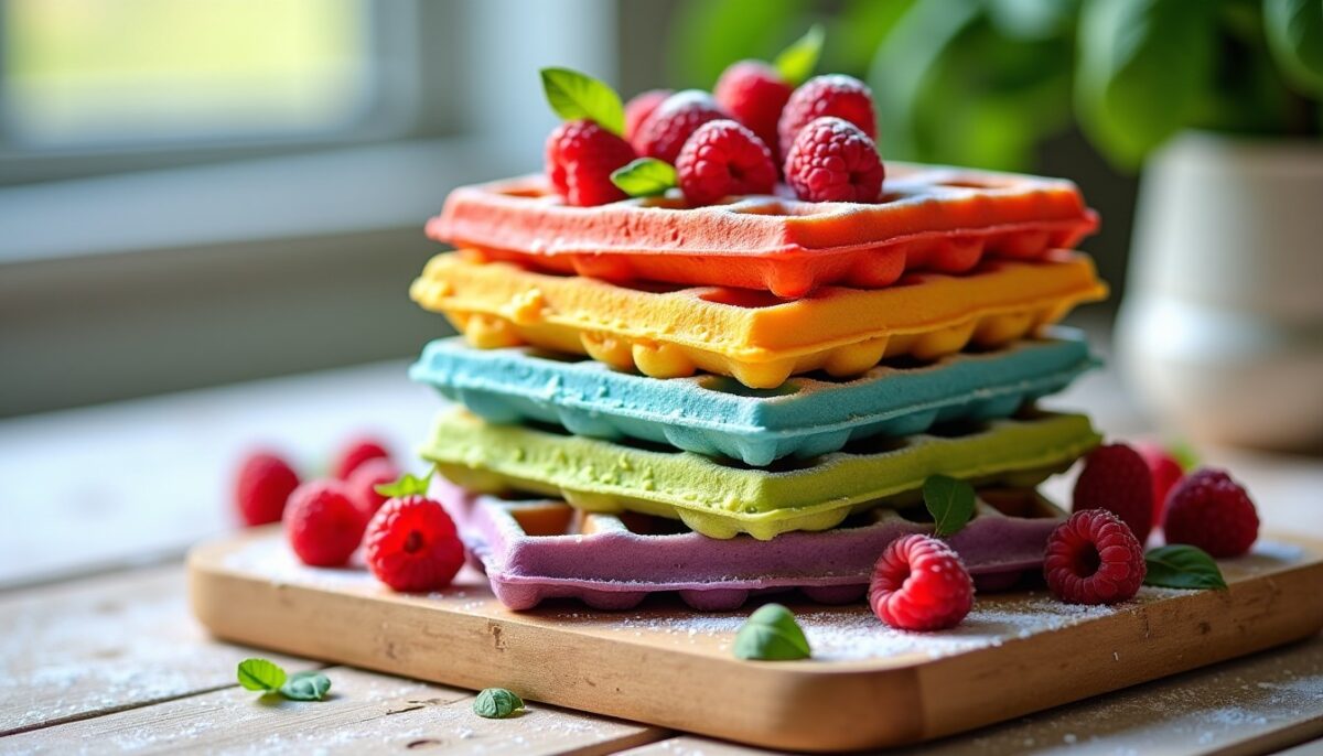 Gaufres arc-en-ciel à la framboise et au basilic : une recette simple et rapide pleine de couleurs